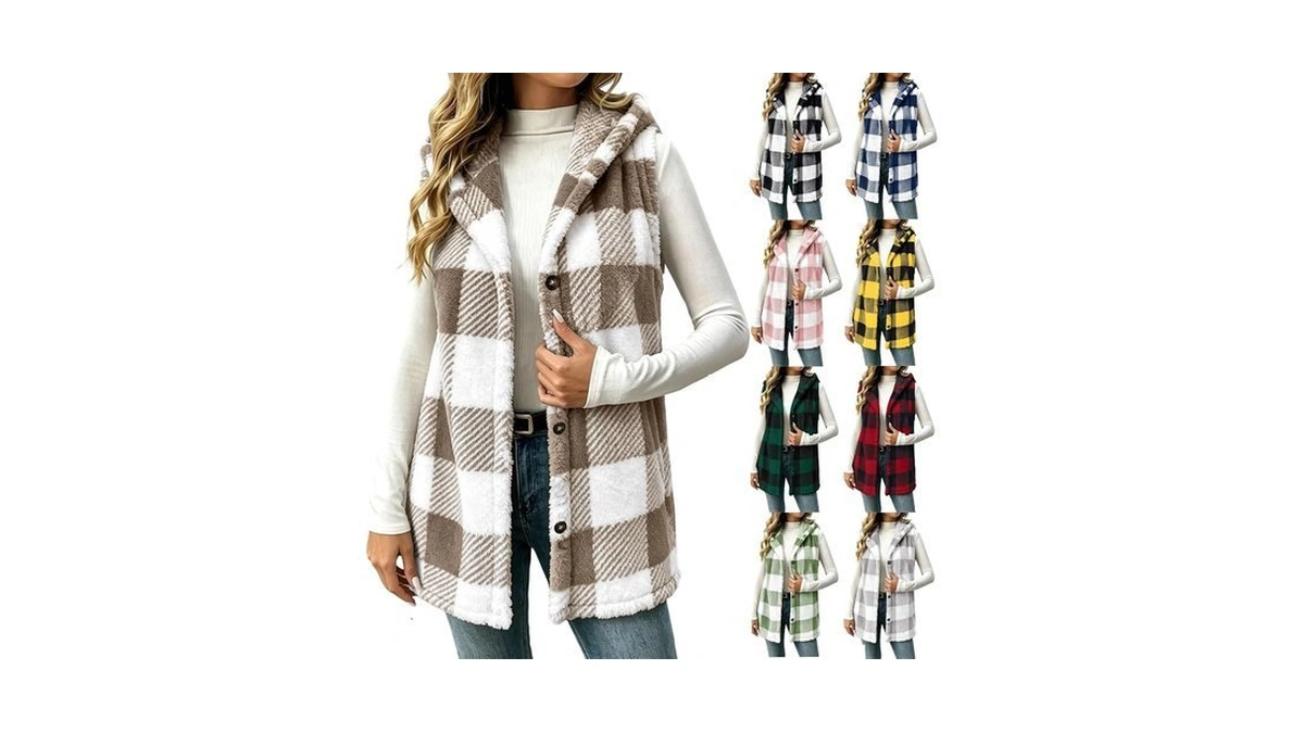 Plaid Fleece Vest Women With Hood Sleeveless Flannel Sherpa Lined