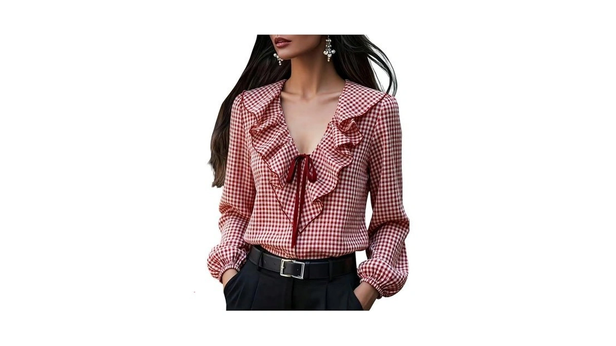 Gorglitter Women's Gingham Top Ruffle Tie Front Bishop Long Sleeve