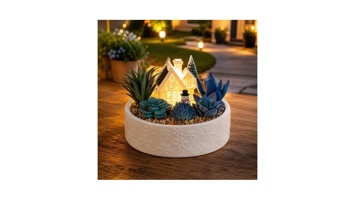 Solar Garden Statues, Succulent Garden Decor Snow House With Light