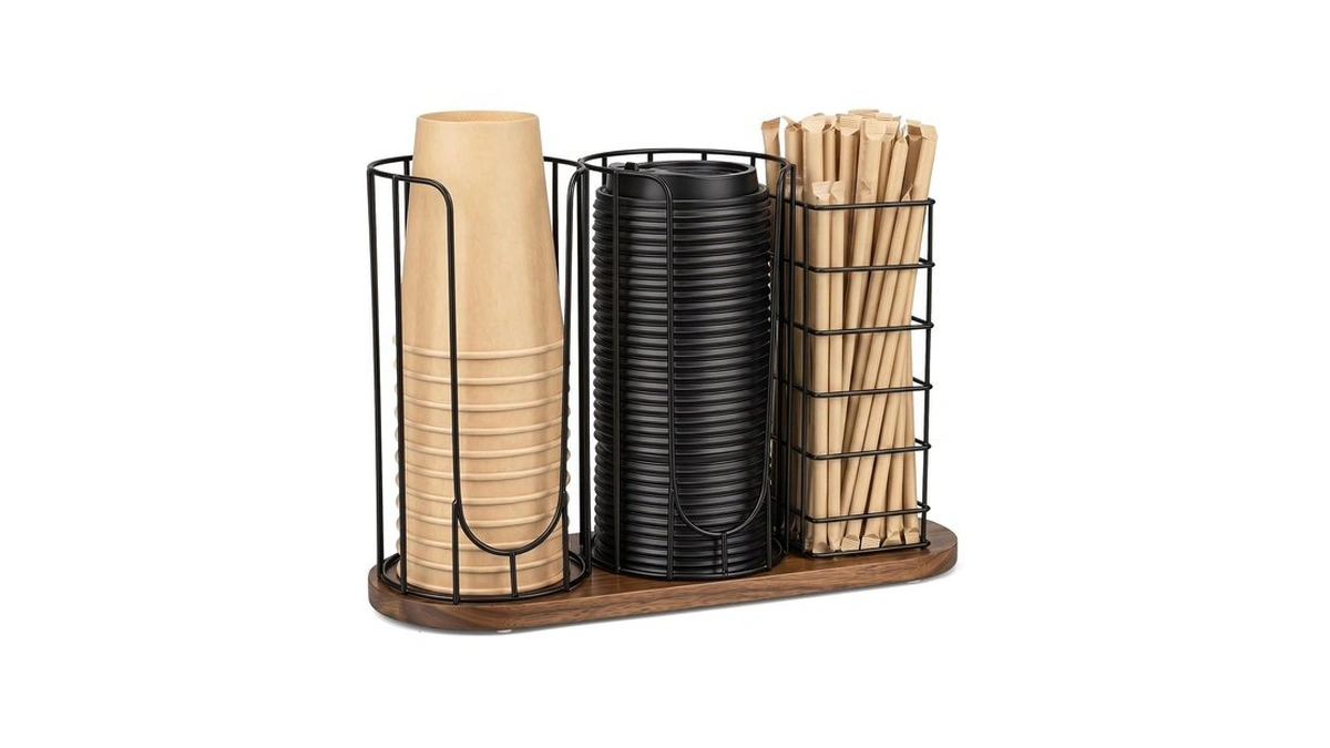 Coffee Cup And Lid Holder With Wooden Base, 3-slot Coffee