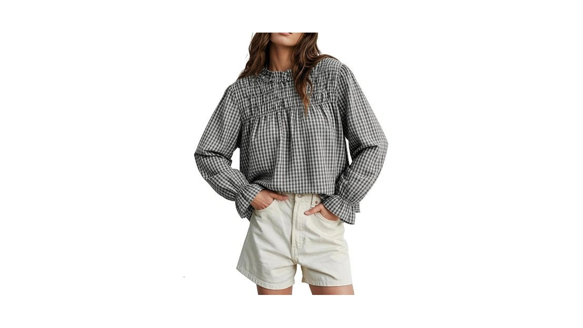 Totatuit Gingham Ruffle Collar Babydoll Top Long Puff Sleeve For
