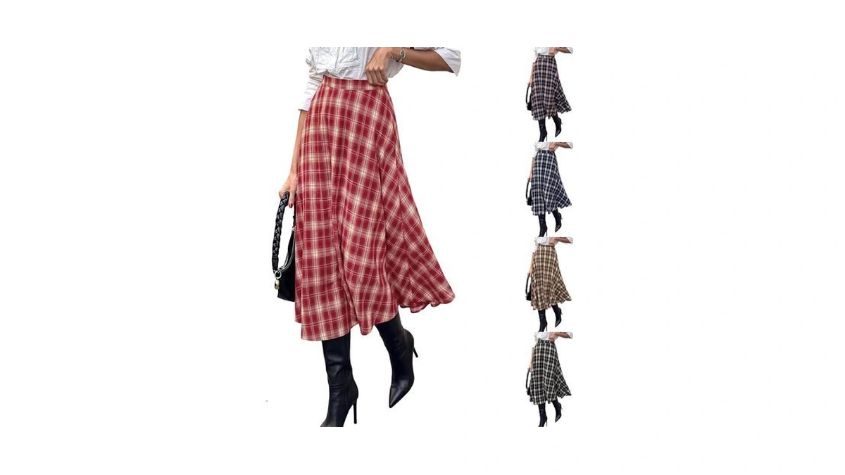 Plaid Skirts For Women A-line Elastic Waist Long Skirts Fall