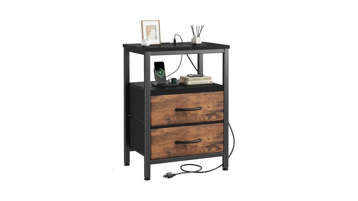 Dumos Nightstand With Charging Station, Bedside Table With Fabric Drawers
