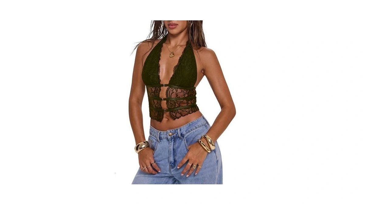 Verdusa Women's Y2k Tops Lace Tops Croset Sheer Halter Top