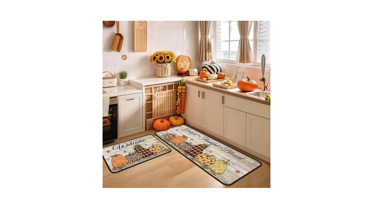 Yovirinto Buffalo Plaid Pumpkin Welcome Fall Kitchen Rugs Set Of