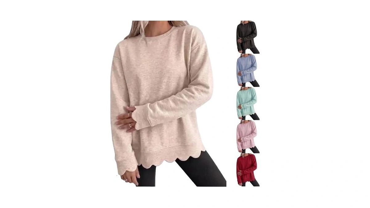 Womens Sweatshirt Crew Neck Fall Fleece Scalloped Hem Casual Clothing
