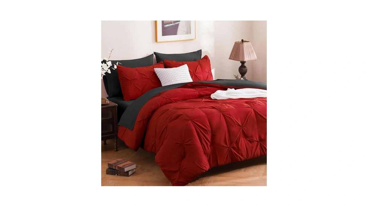 Downcool King Size Comforter Set, 7 Pieces Red And Black