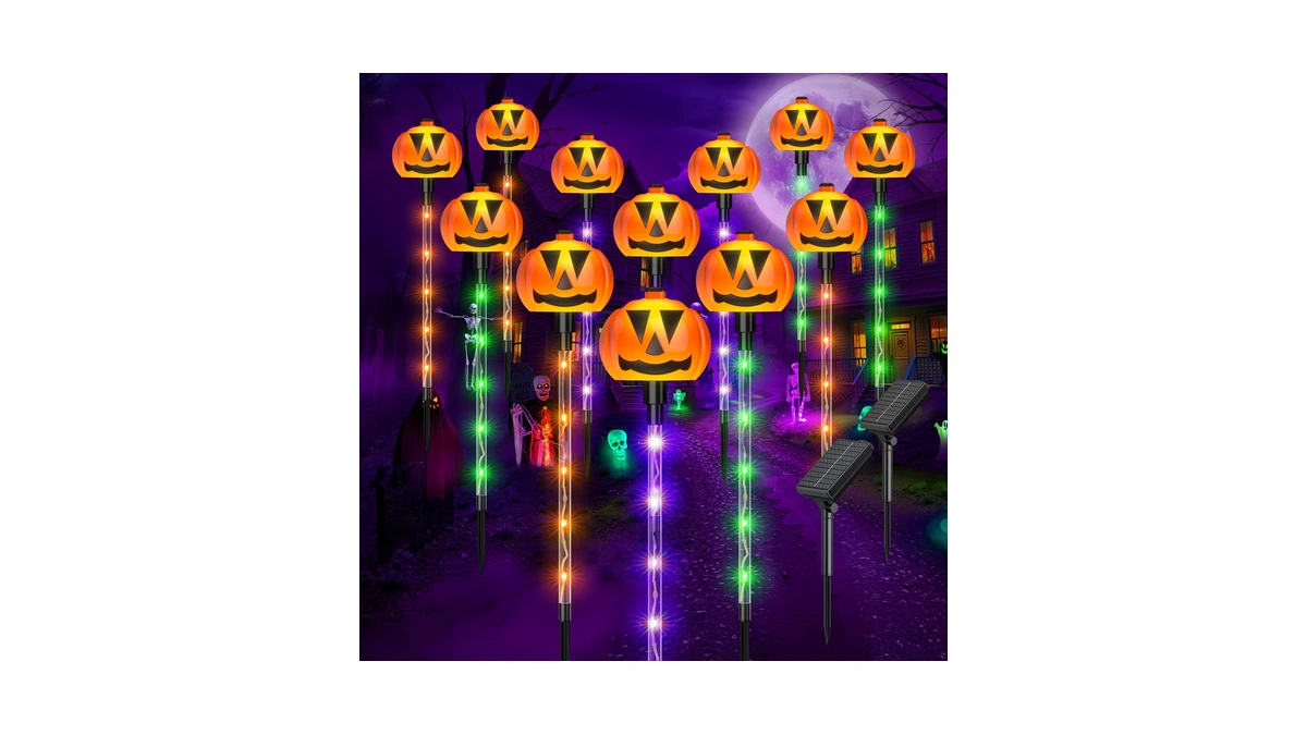 12 Pack Halloween Outdoor Decorations Solar Pathway Stake Pumpkin Lights