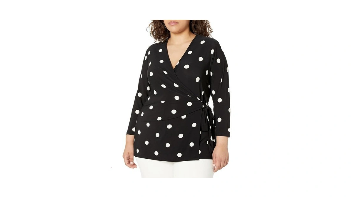 Anne Klein Plus-size 3/4 Sleeve Faux Wrap Polka Dot Top