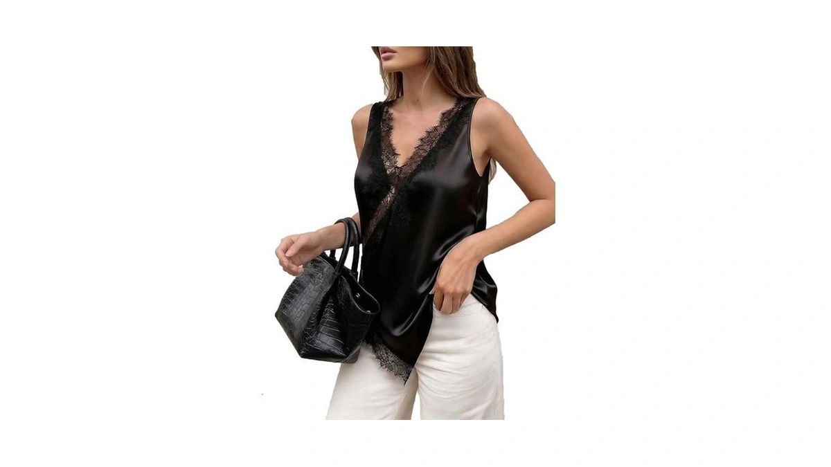 Oyoangle Women's Lace Trim Satin Tank Top Sleeveless Asymmetrical Silky
