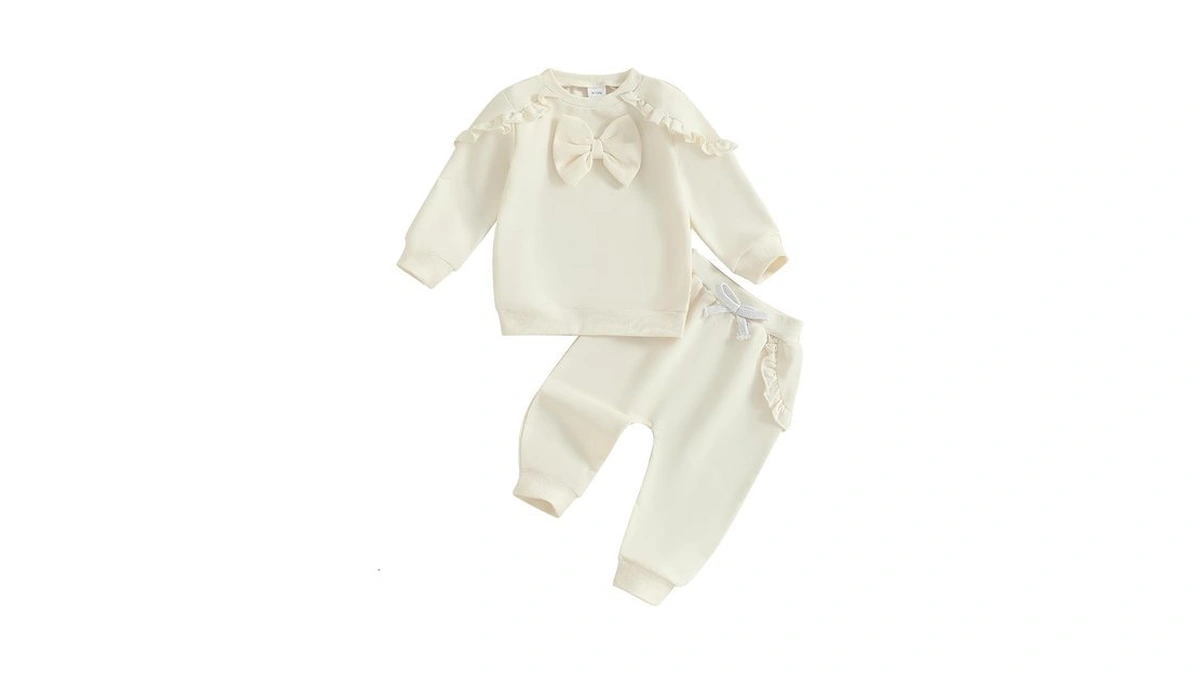 Kupretty Toddler Baby Girl Clothes Bowknot Sweatshirt Joggers Set Beige