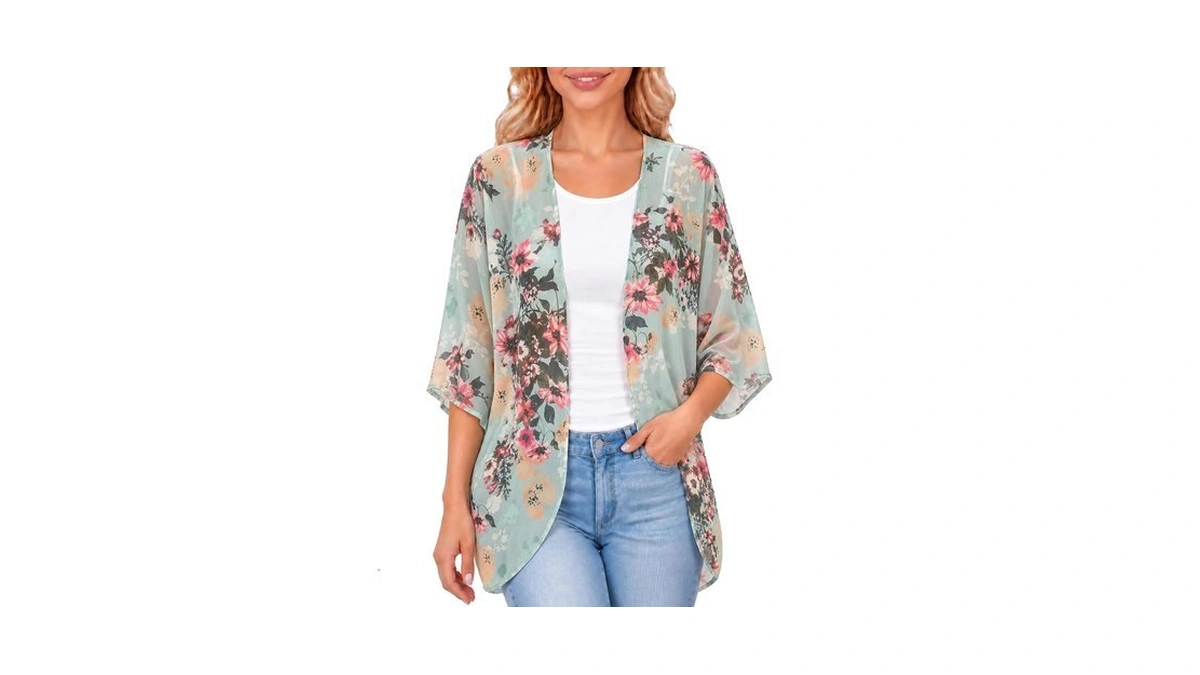 Chunoy Women Floral Kimono Cardigan Lightweight Chiffon Beach Cover Up