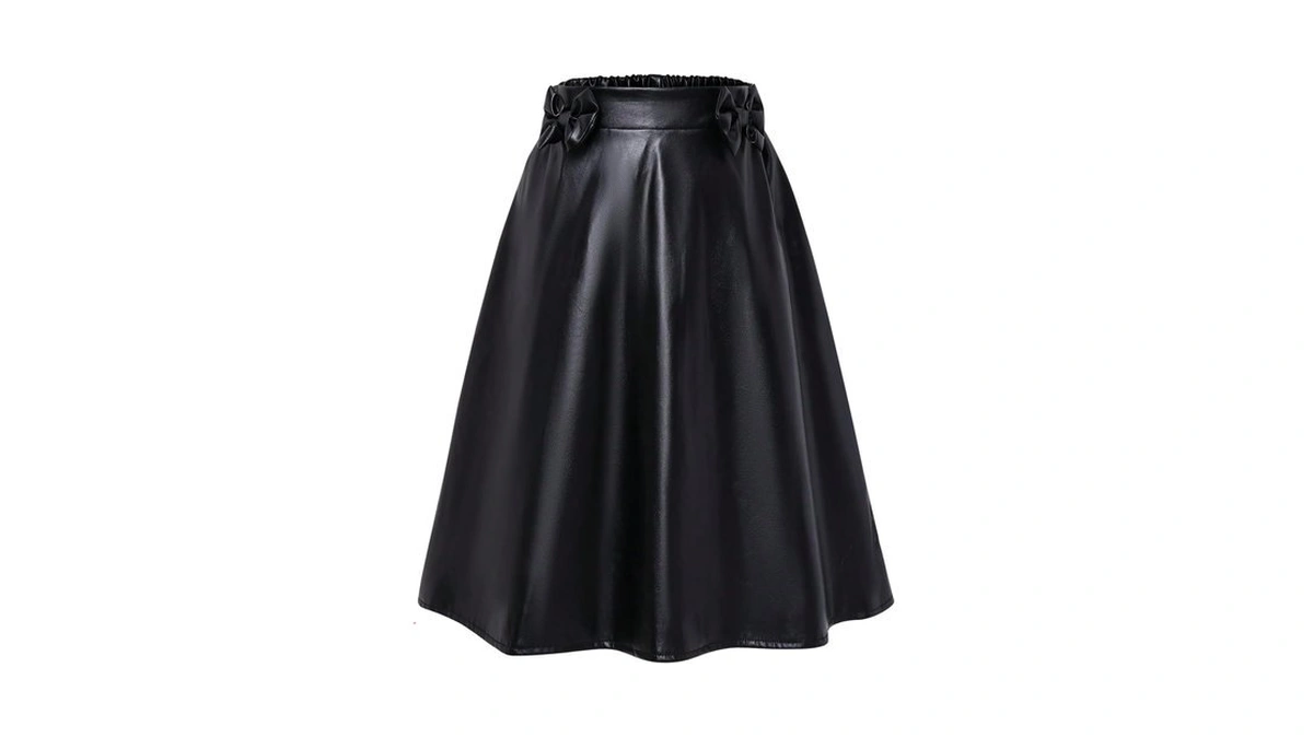 Oyoangle Girl's Bow Pu Leather Skirt Elastic Waist Ruffle A