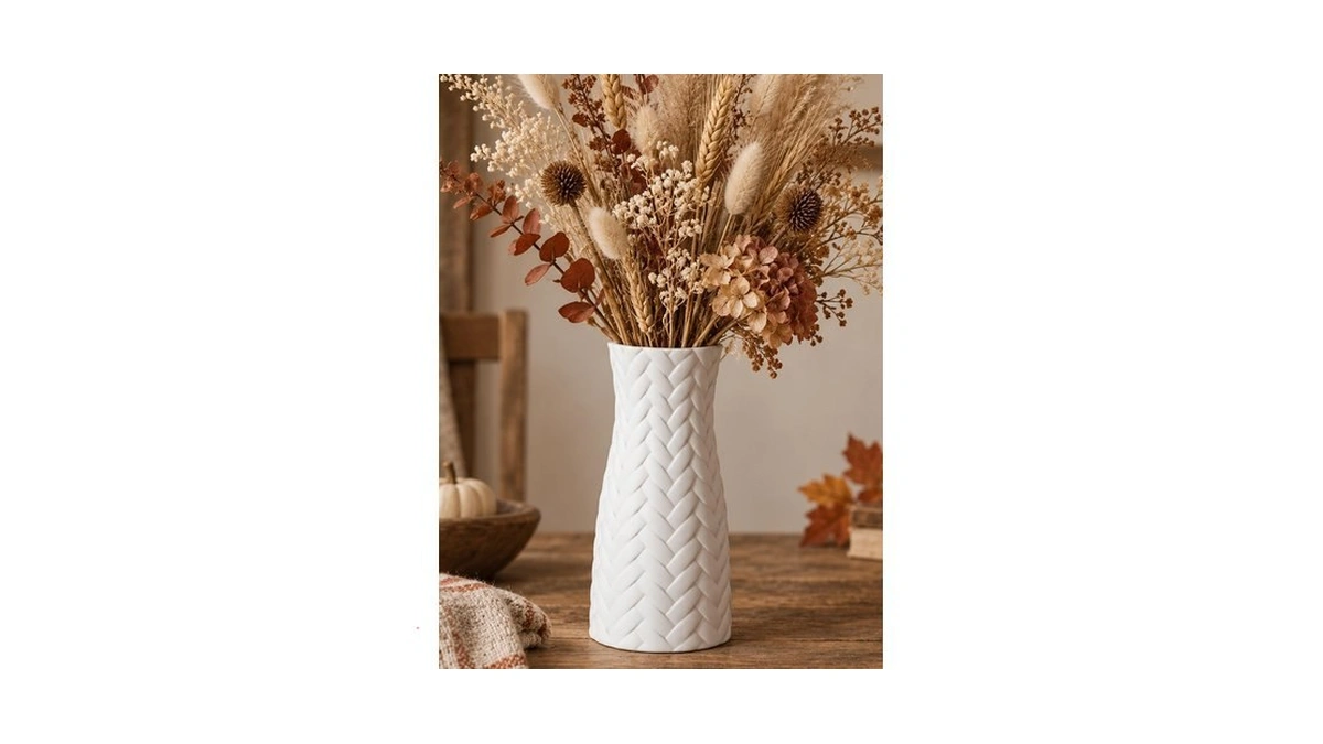Nuptio White Ceramic Flower Vase, Woven Texture, 7.9" Tall, Unglazed