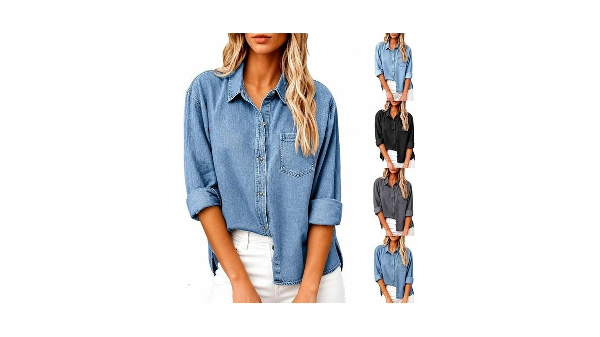 Denim Shirt Women Long Sleeve Button Down Collared Jean Shirt