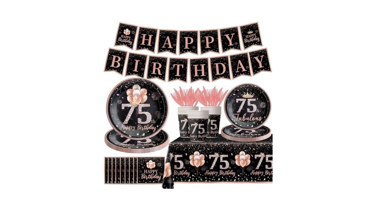 142pcs 75th Birthday Tableware Decorations For Women Rose Gold Happy