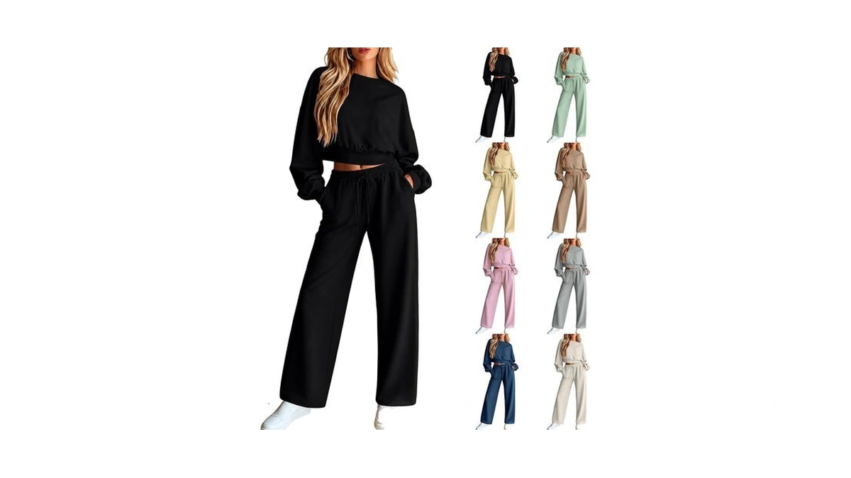 Sweatsuits Women 2 Piece Outfit Wide Leg Sweatpants Cropped Tracksuit
