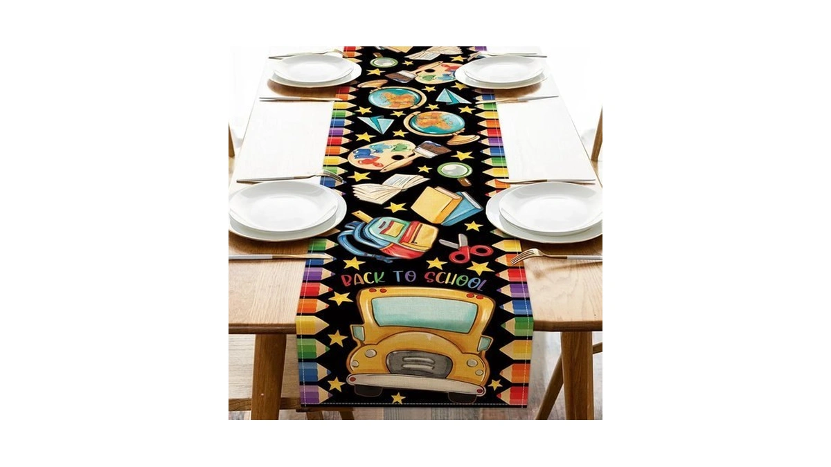 Croar Back To School Bus Dining Table Runner, First Day