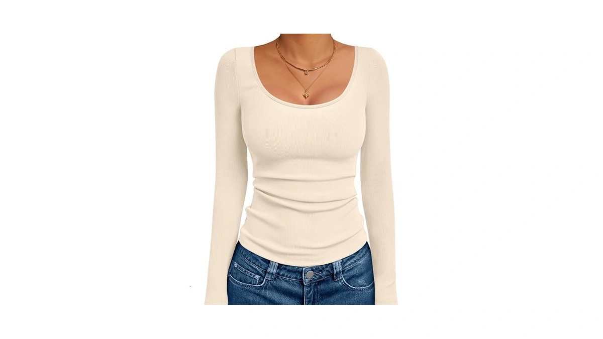 Ekouaer Long Sleeve Shirts For Women Ribbed Top Slim Fit