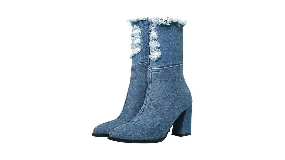 Mavmax Denim Ankle Boots For Women Pointed Toe Chunky High