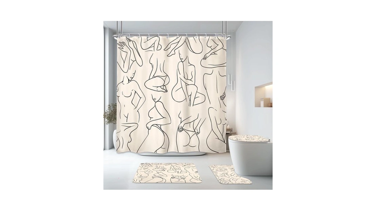 Beige Black Abstract Women Line 4pcs Bathroom Shower Curtain Set