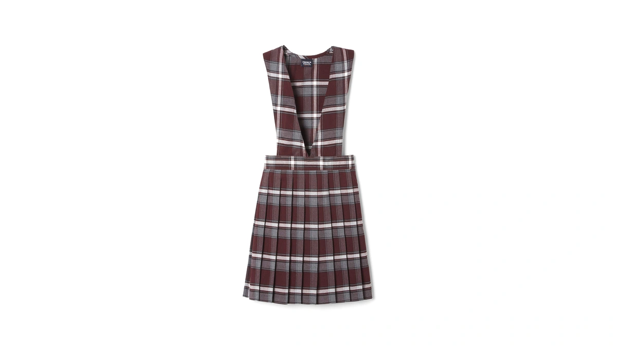 French Toast Girls' Plaid V-neck Pleated Jumper, Burgundy Plaid, 14