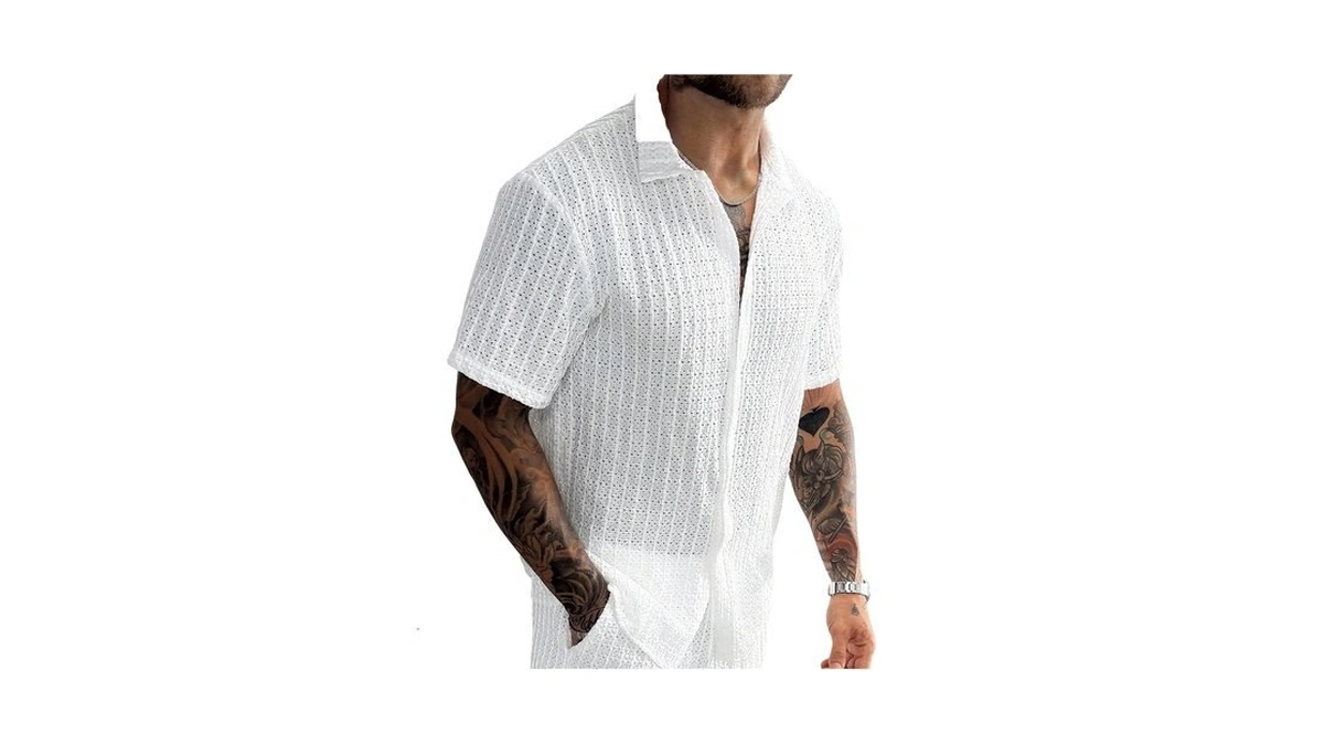 Vipwolf Men's Mesh Hollow Out T Shirt Button Down Shirt