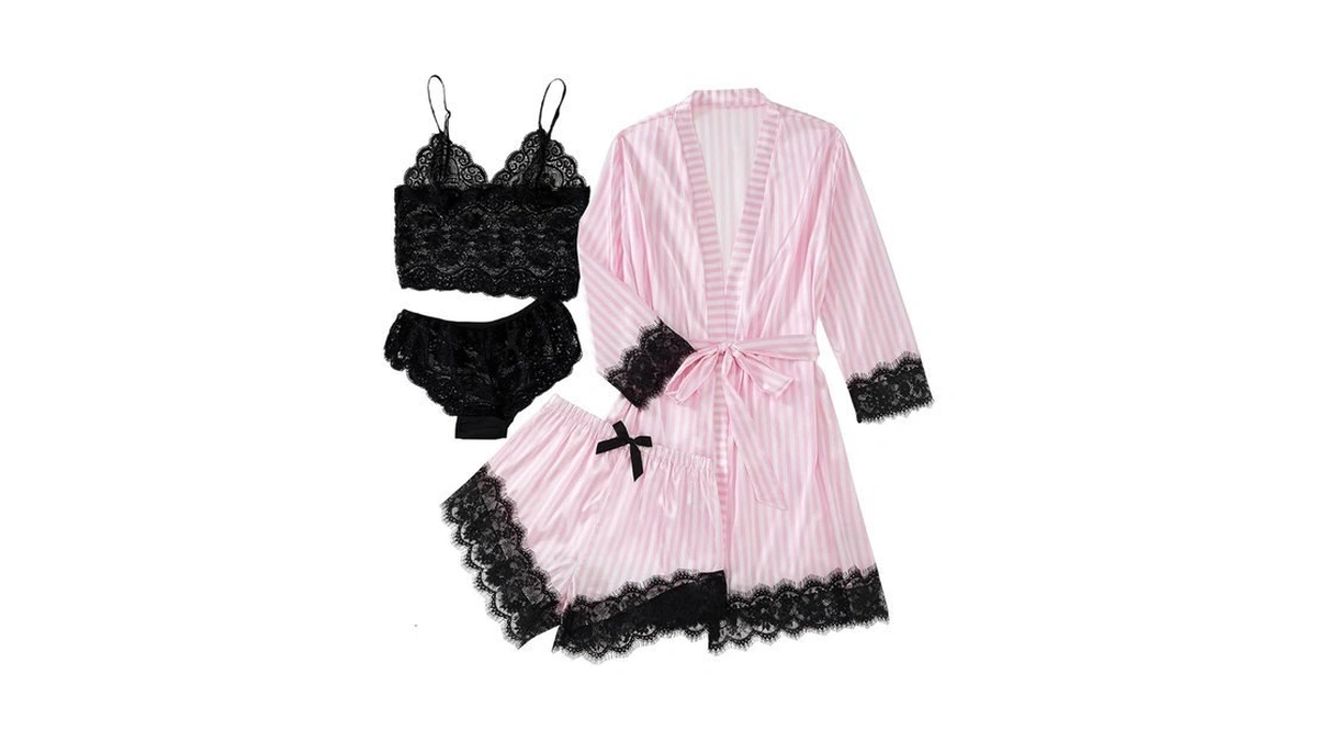 Lyaner Women's Silk Satin Sexy Pajamas Set White Pink Stripe