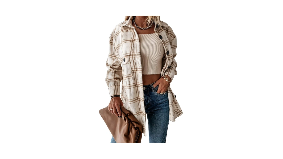 Automet Shackets For Women Plaid Flannel Shirts Khaki