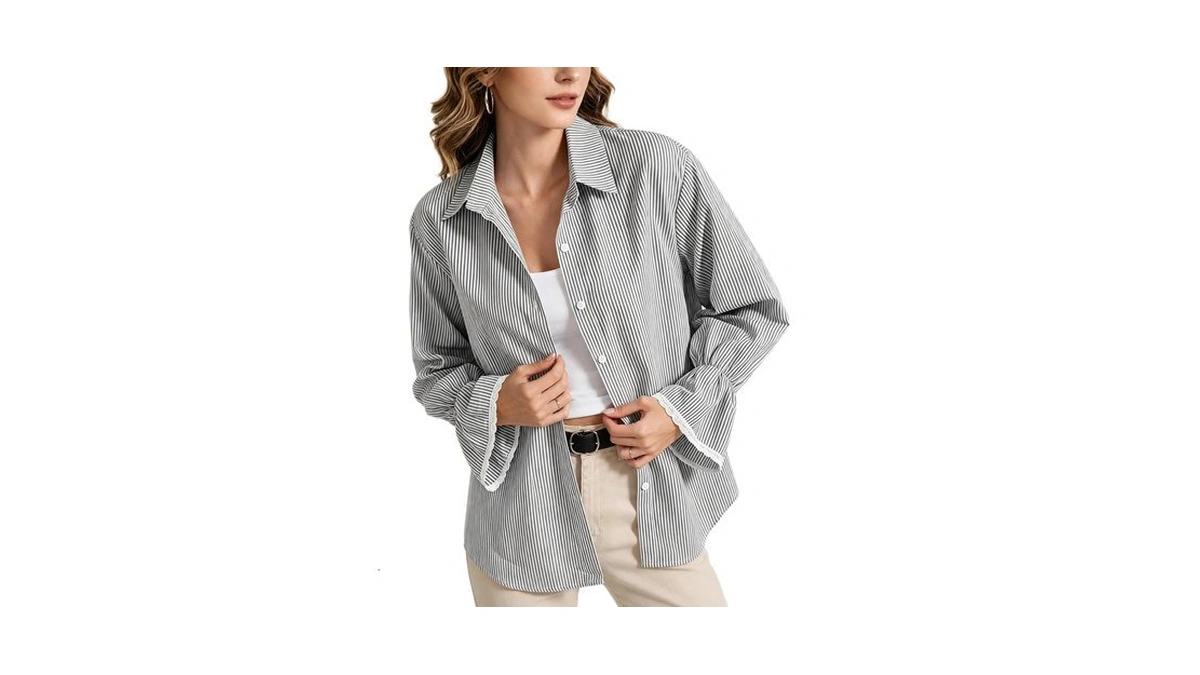 Women Striped Button Down Shirt Long Bell Sleeve Lace Trim