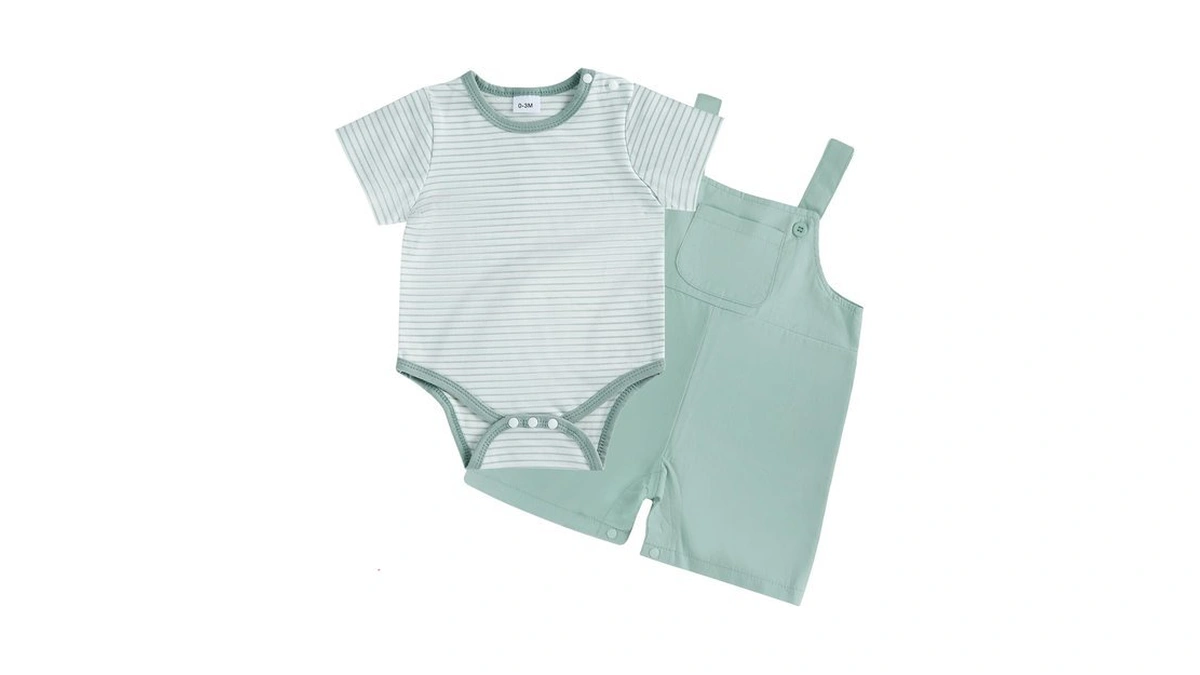 Jiubreeze Baby Boy Summer Outfit Striped Romper Shorts Set（green 3-6）