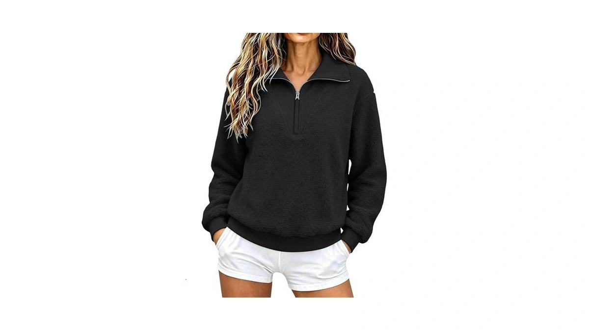 Half Zip Pullover Women Fleece Sweatshirt Ribbed Trim Casual Winter