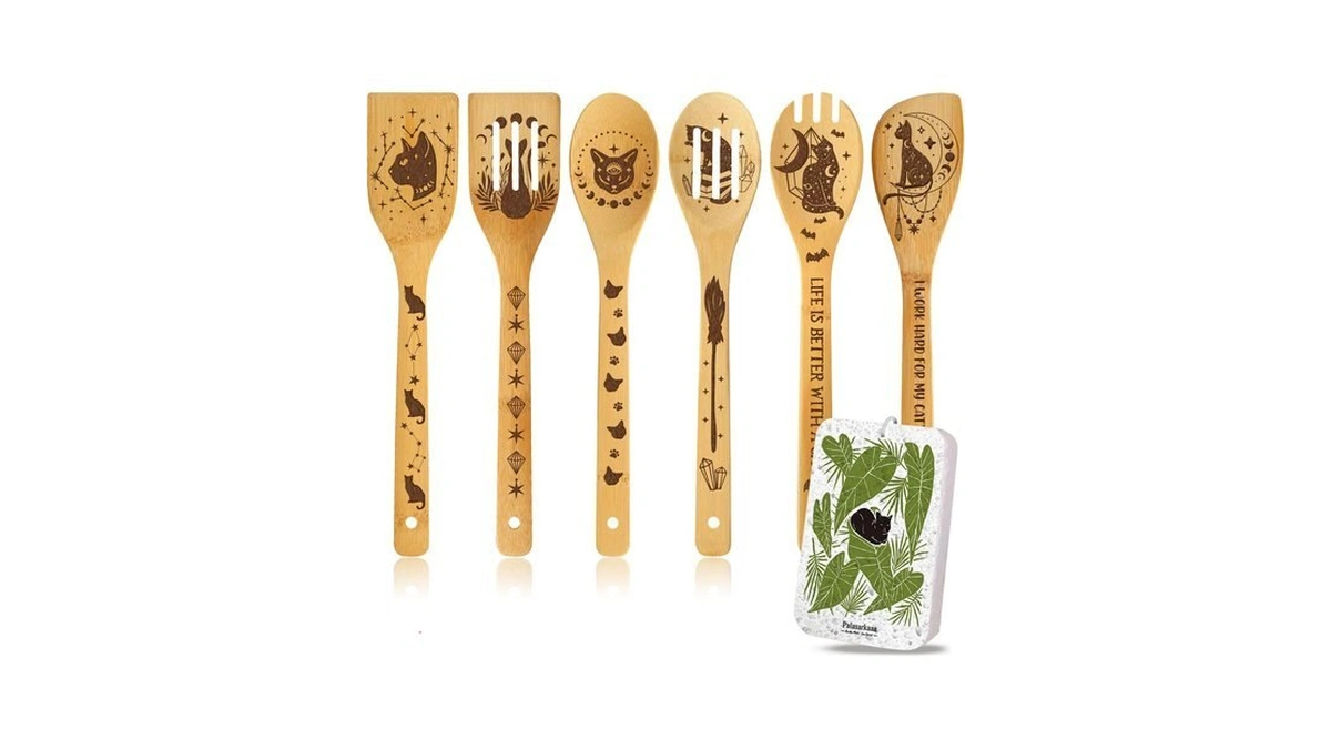 Gothic Magic Cat Engraved Bamboo Spoons (6 Pcs) | Witchy