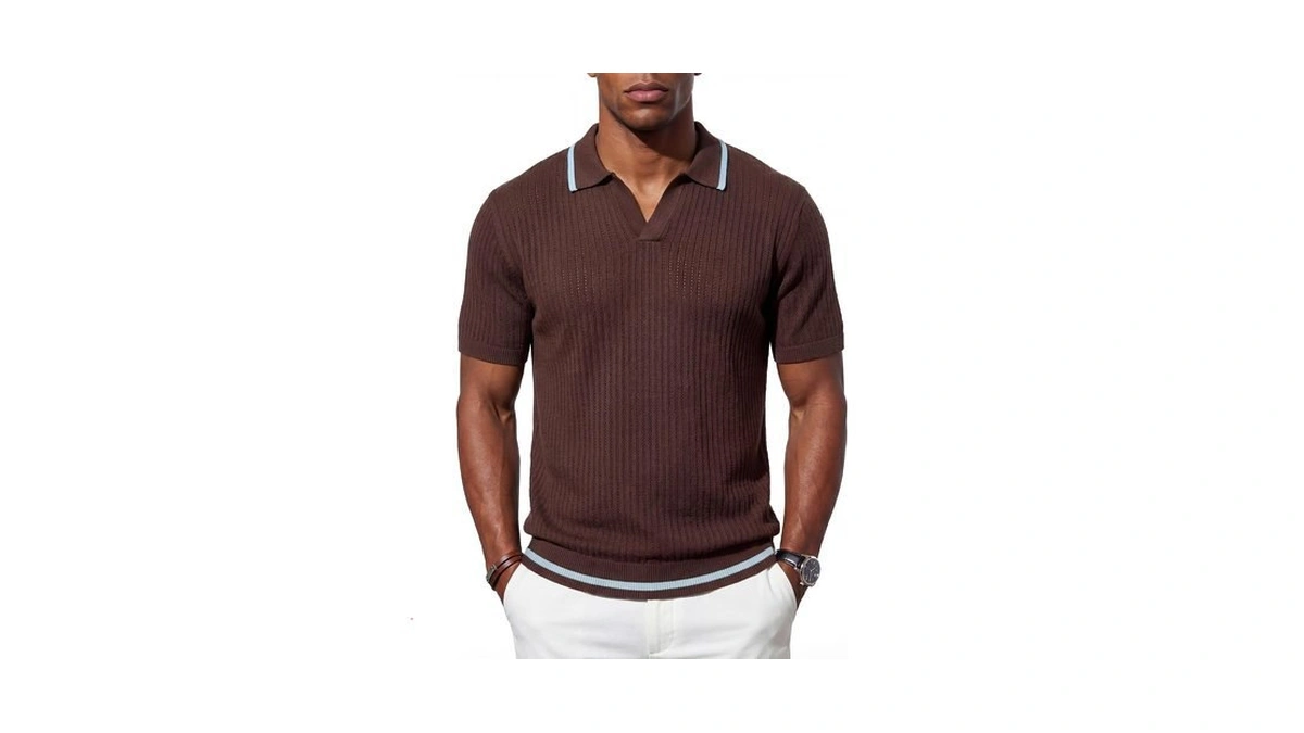 Bogari Men's Knit Polo Shirts Short Sleeve Textured Knit V