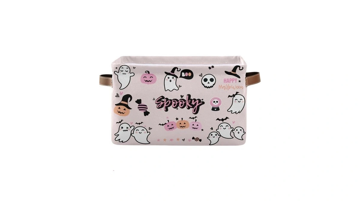 Sletend Foldable Canvas Storage Basket With Handles Halloween Cartoon Ghost