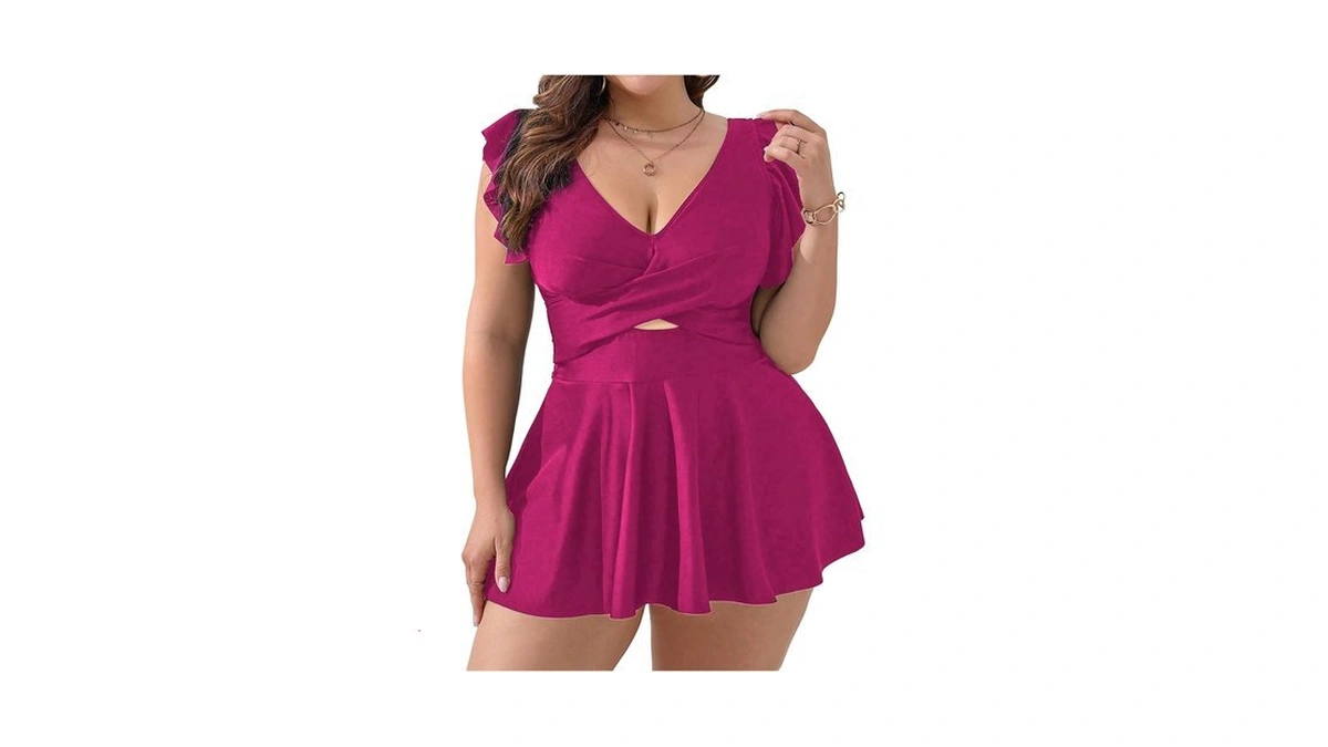 Oyoangle Women's Plus Size Swimsuit Cover Up Cap Sleeve V