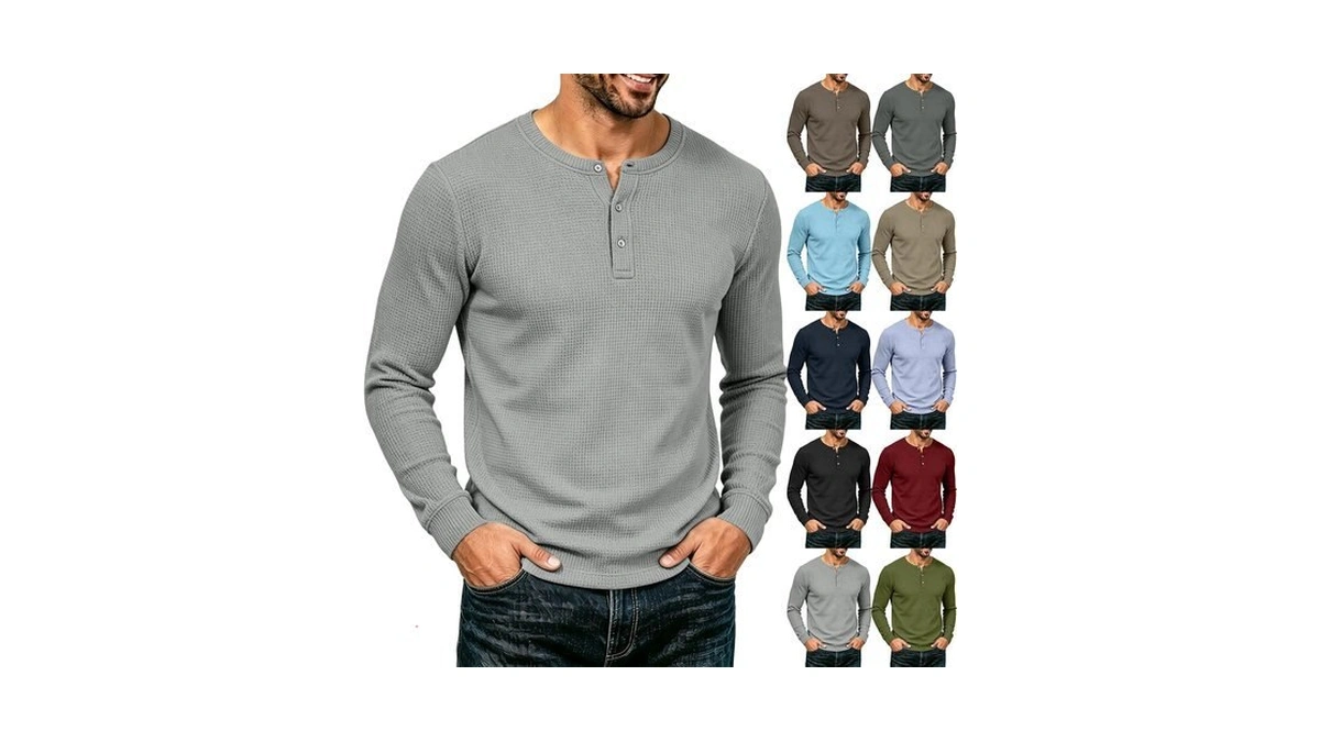 Waffle Henley Shirts For Men Collarless Polo Shirts Y2k Oversized