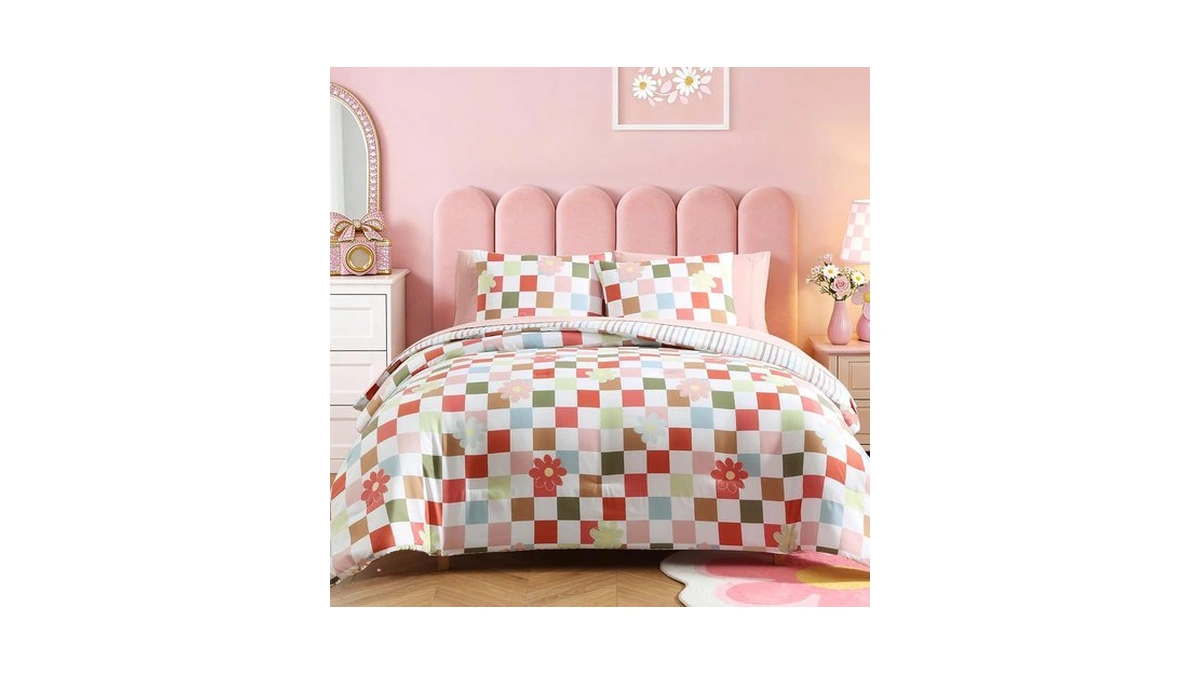 Full Size Comforter Set For Girls Colorful Checkered Bed In