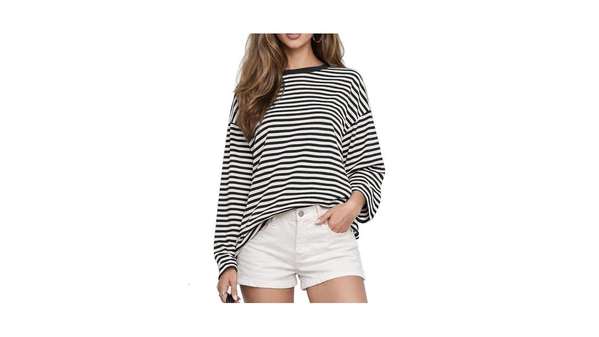 Chyrii Womens Oversized Striped Long Sleeve Casual Fall T Shirt