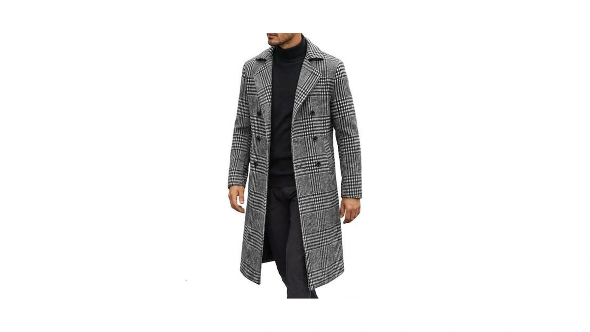 Coofandy Men Long Trench Coat Winter Plaid Double Breasted Overcoat