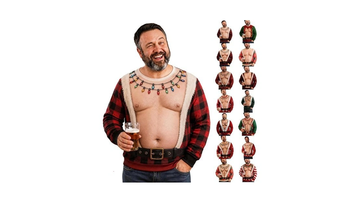 Ugly Christmas Sweater Men 3d Santa Slouchy Ribbed Cuffs Hem