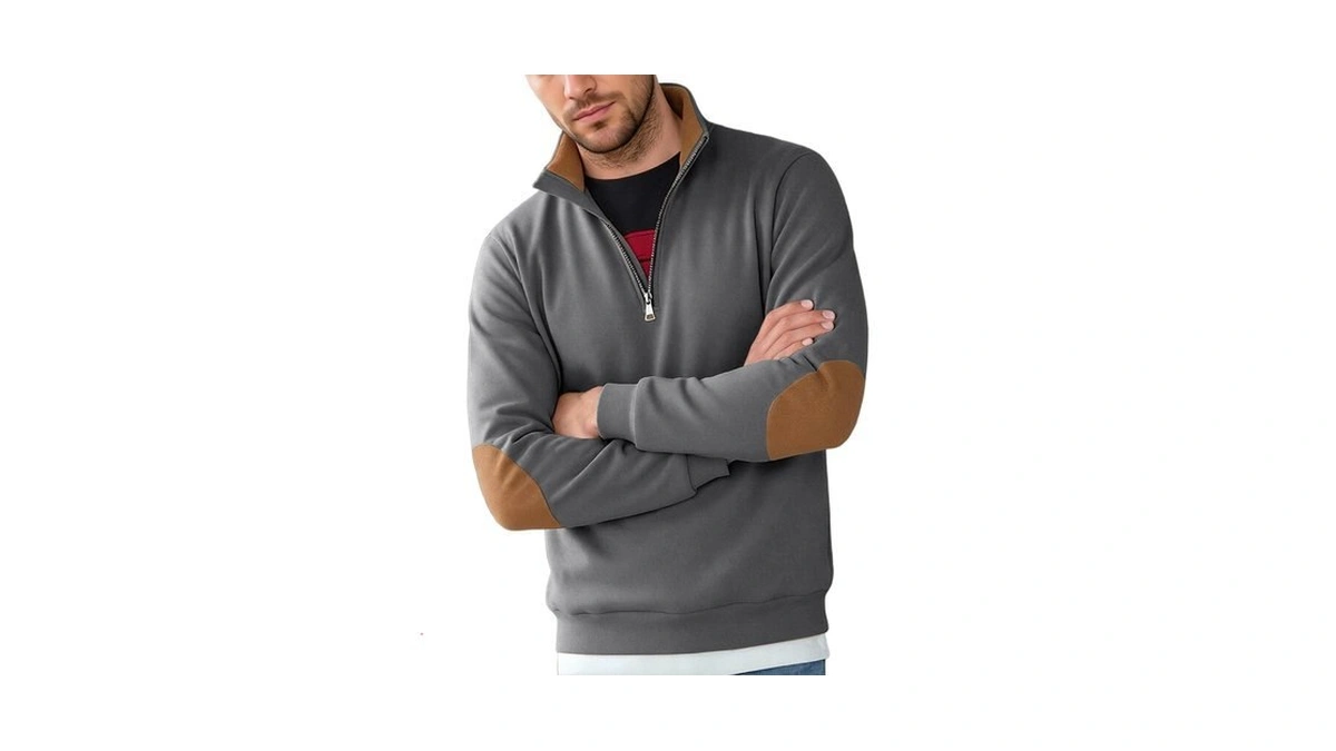 Maobeika Men Quarter Zip Stand Collar Sweatshirt, Elbow Patch Pullover