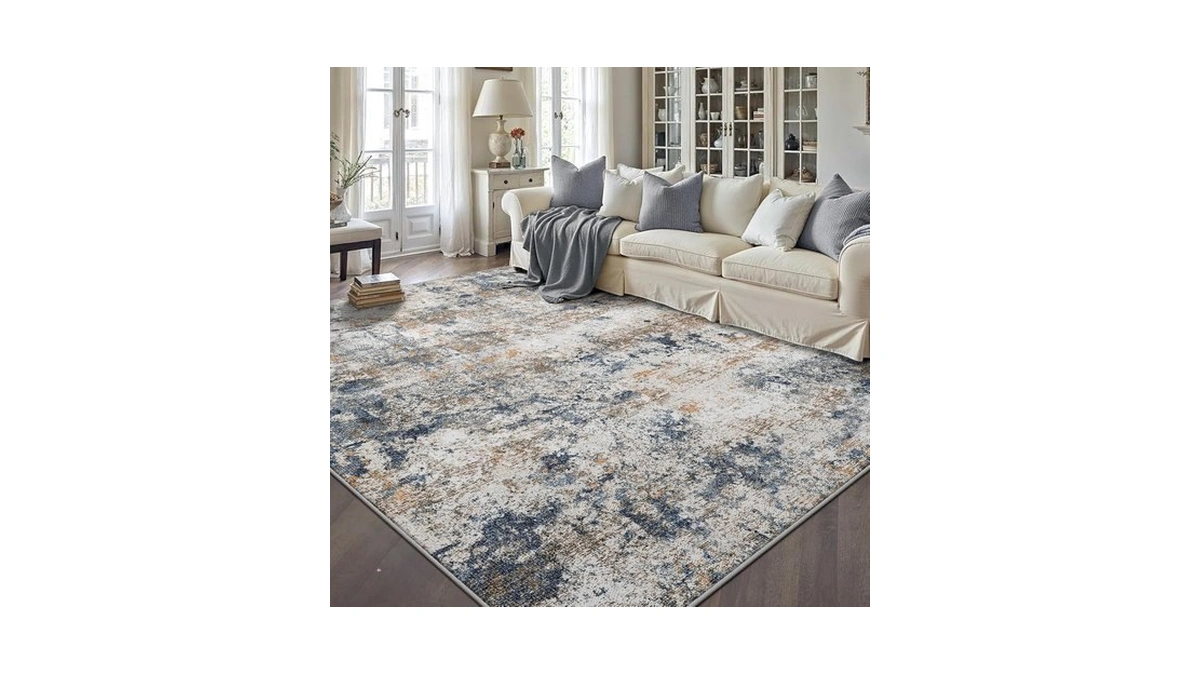 Washable 6x9 Area Rug, Blue Rust Abstract Non-slip For Living