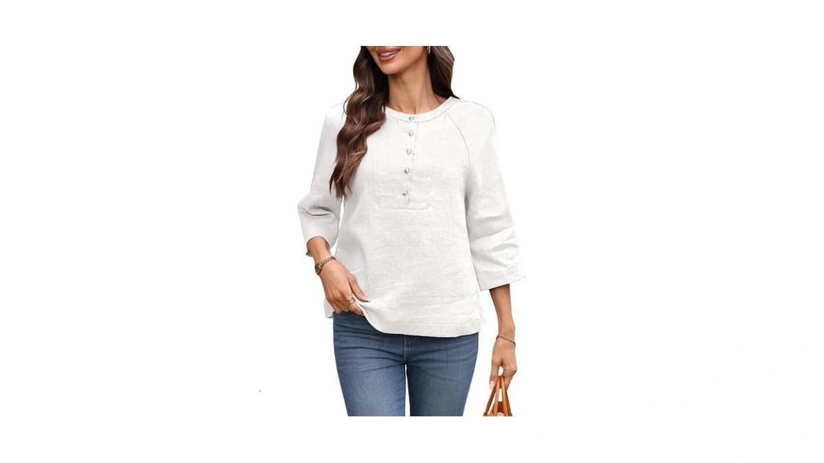 Vinglam Women's 100% Linen Tops 3/4 Sleeve Henley Button Up