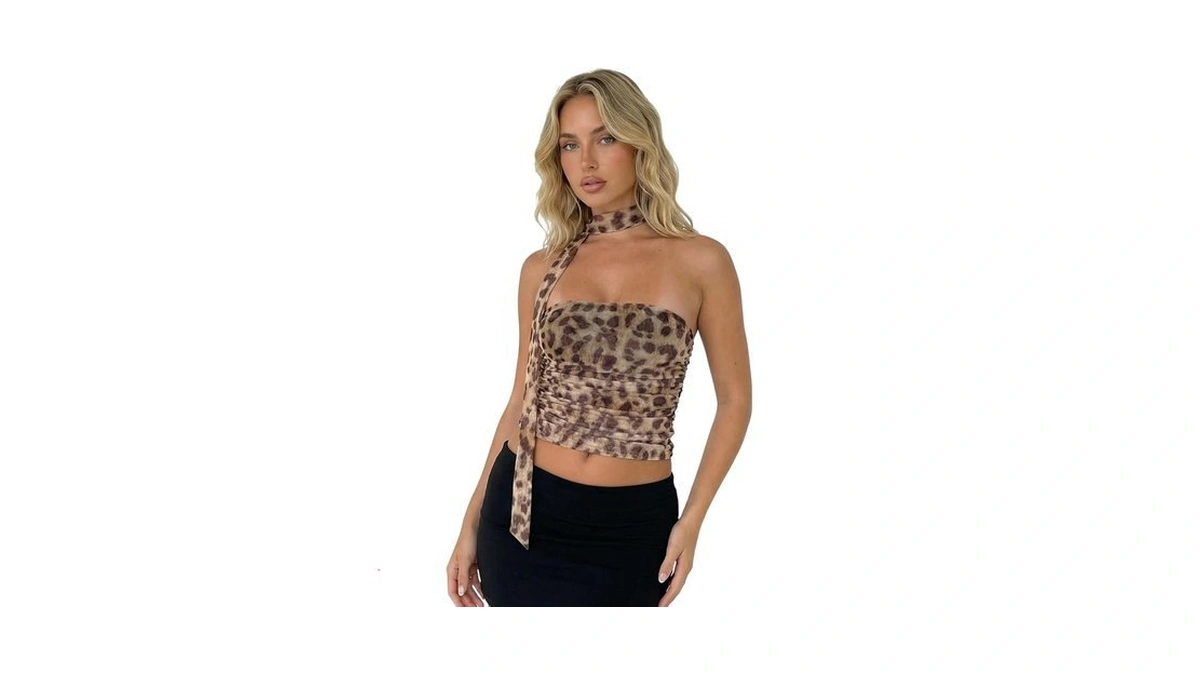 Winkbay Women's Y2k Leopard Print Mesh Ruched Strapless Tube Top