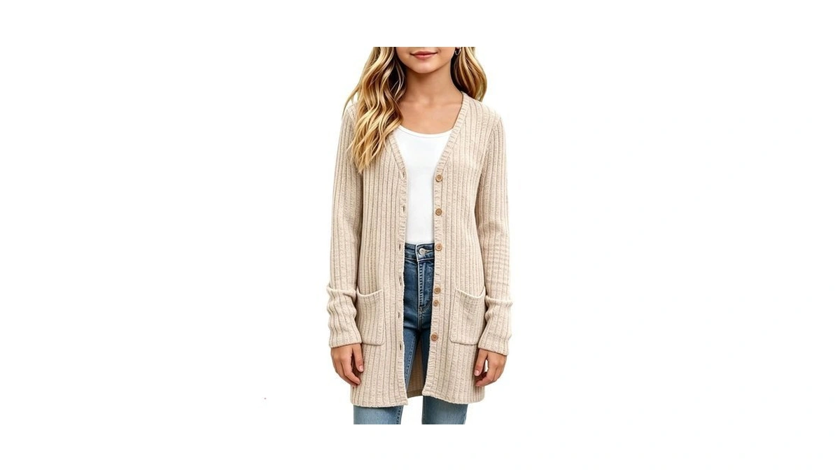 Girls Long Cardigan Kids Lightweight Button Down Knit Sweater With
