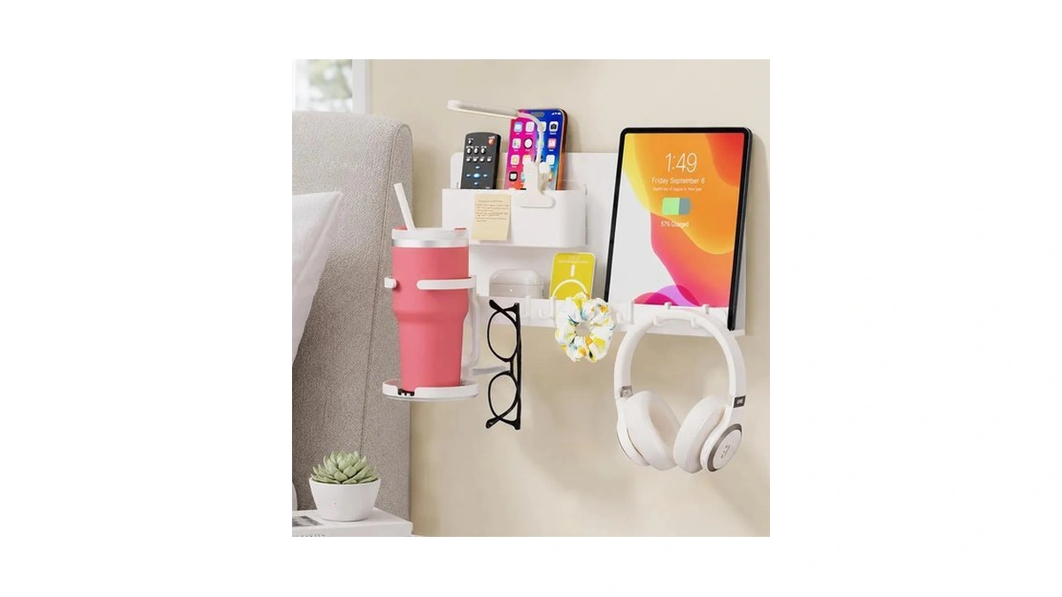 No Drill Extra Wide Floating Wall Shelf, Bedside Organizer For
