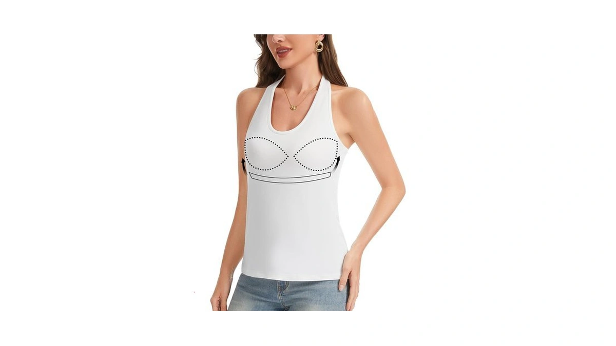 Women Back Tie Halter Tank Top With Built In Bra