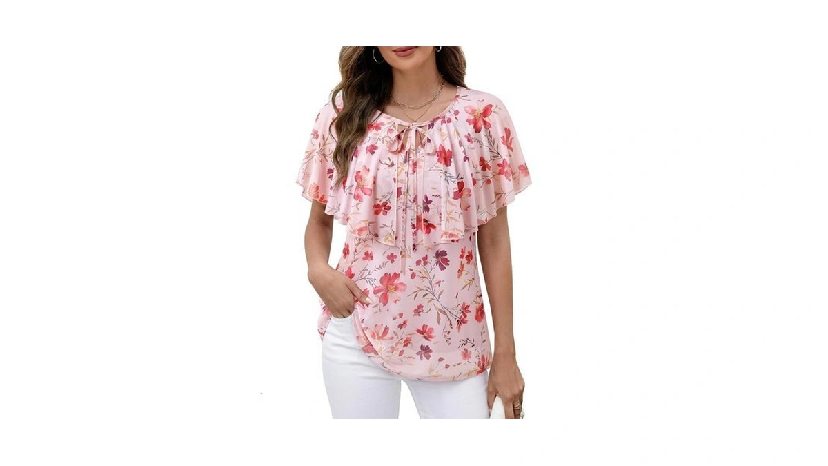 Lotusmile Pink Tops For Women: Summer Mesh A-line Cape Flutter