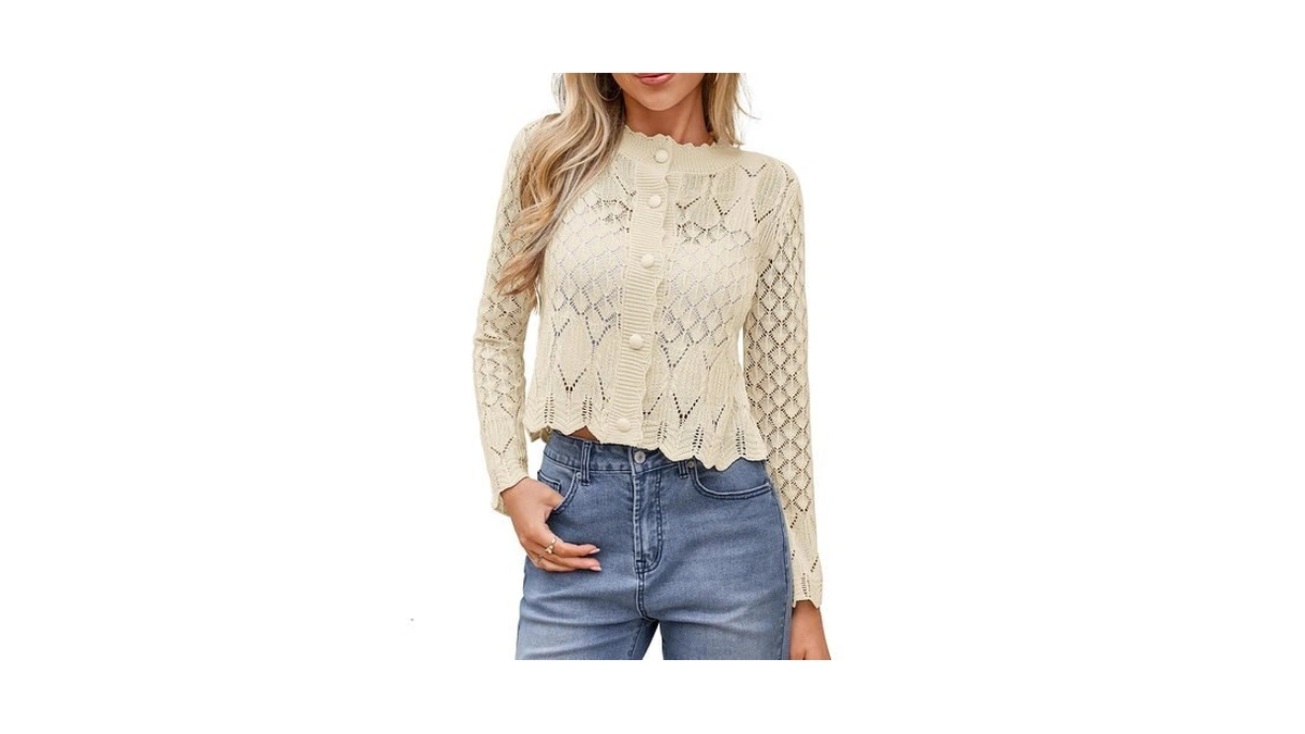 Simplefun Crochet Cardigans For Women Trendy Cropped Fall Tops Beige